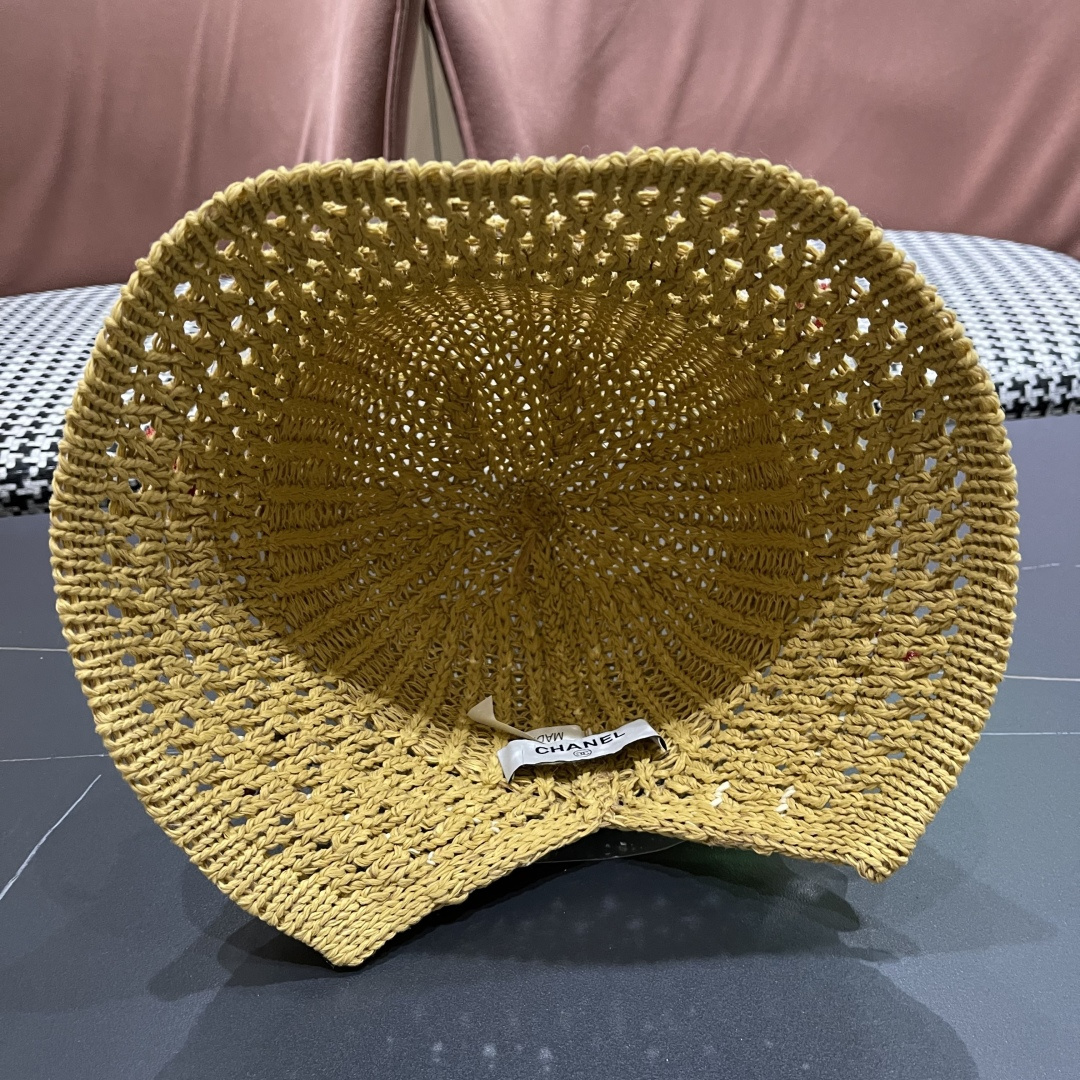 香奈儿2025手工编织镂空渔夫帽女夏季甜美可爱，假风遮阳防晒帽子透气盆帽