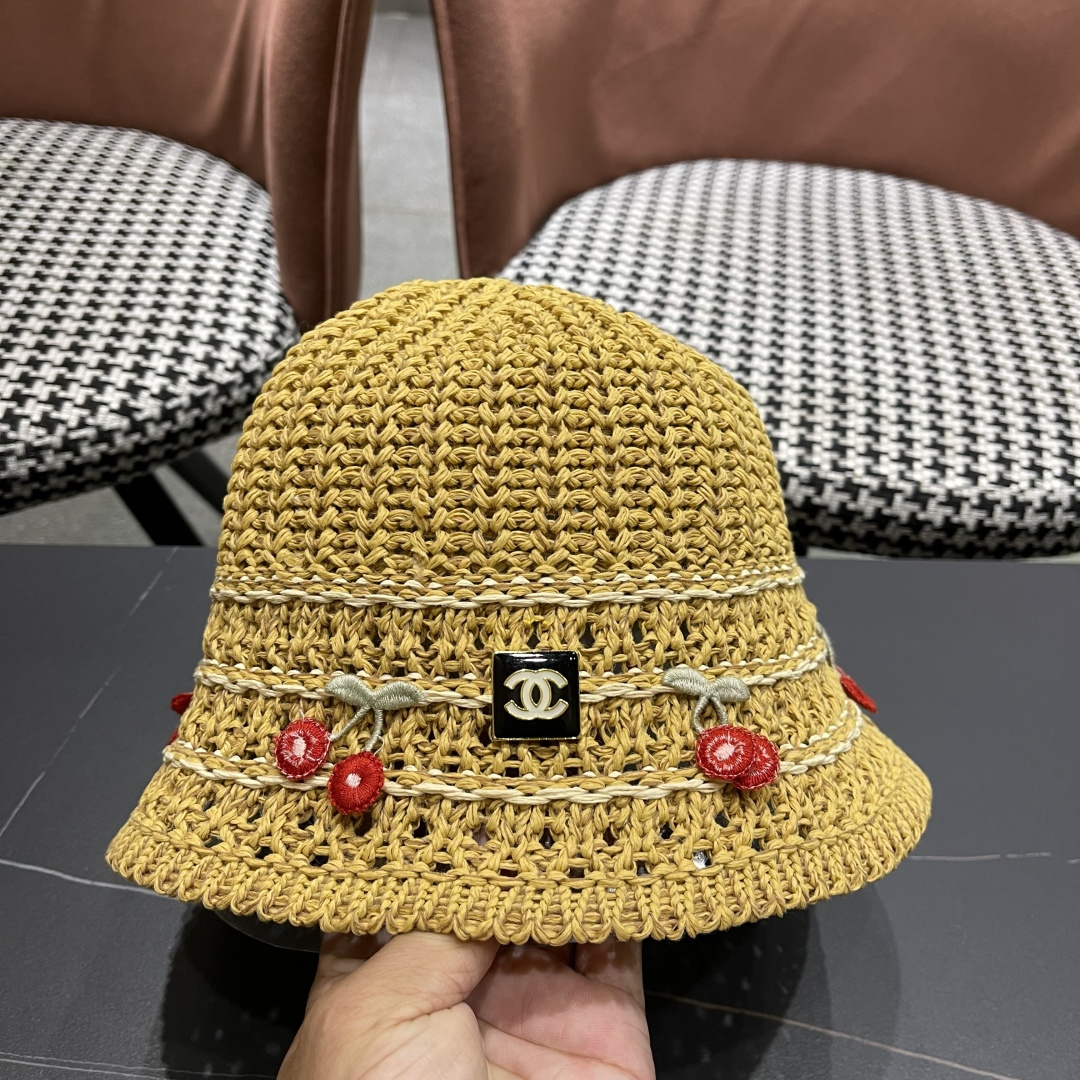  香奈儿2025手工编织镂空渔夫帽女夏季甜美可爱，假风遮阳防晒帽子透气盆帽