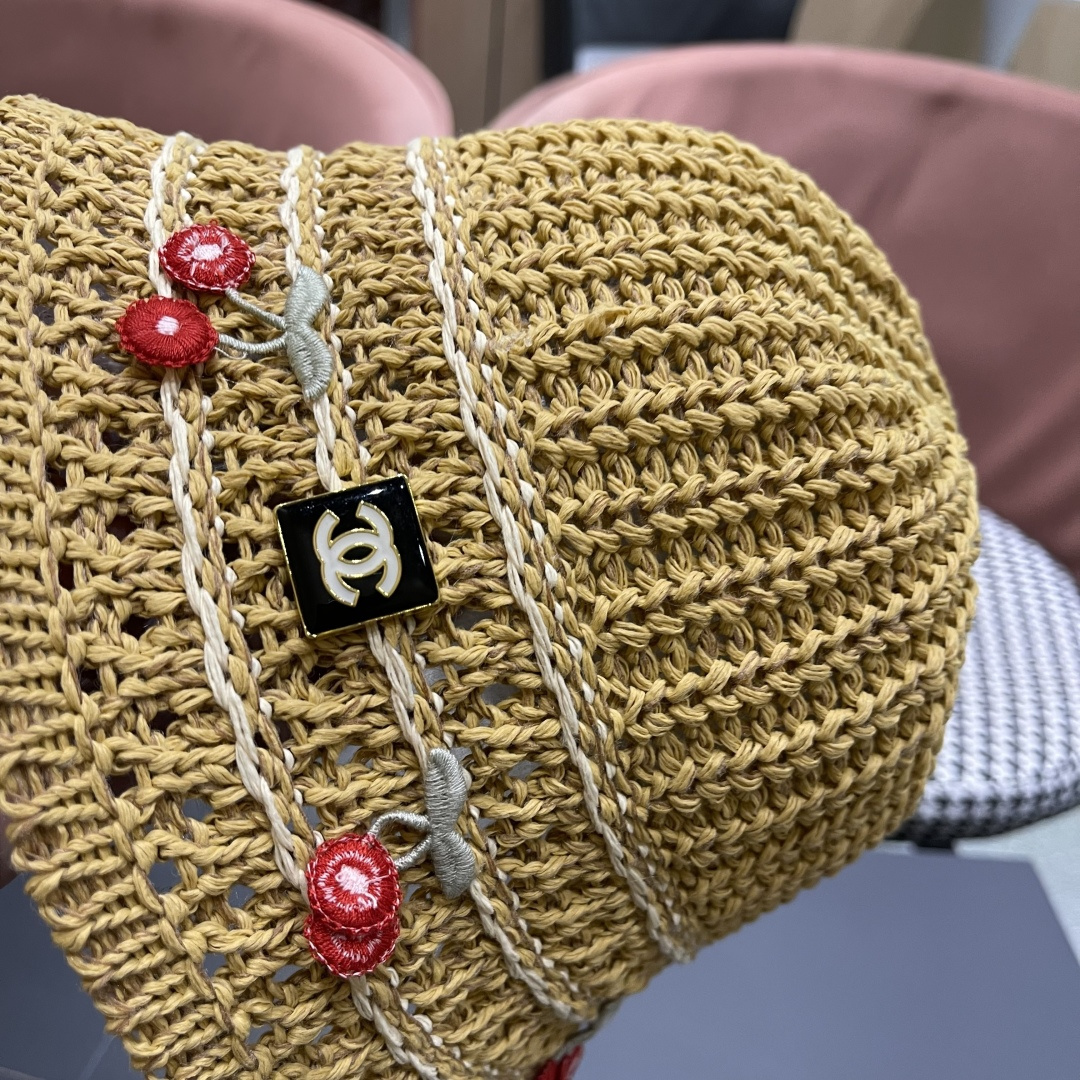  香奈儿2025手工编织镂空渔夫帽女夏季甜美可爱，假风遮阳防晒帽子透气盆帽