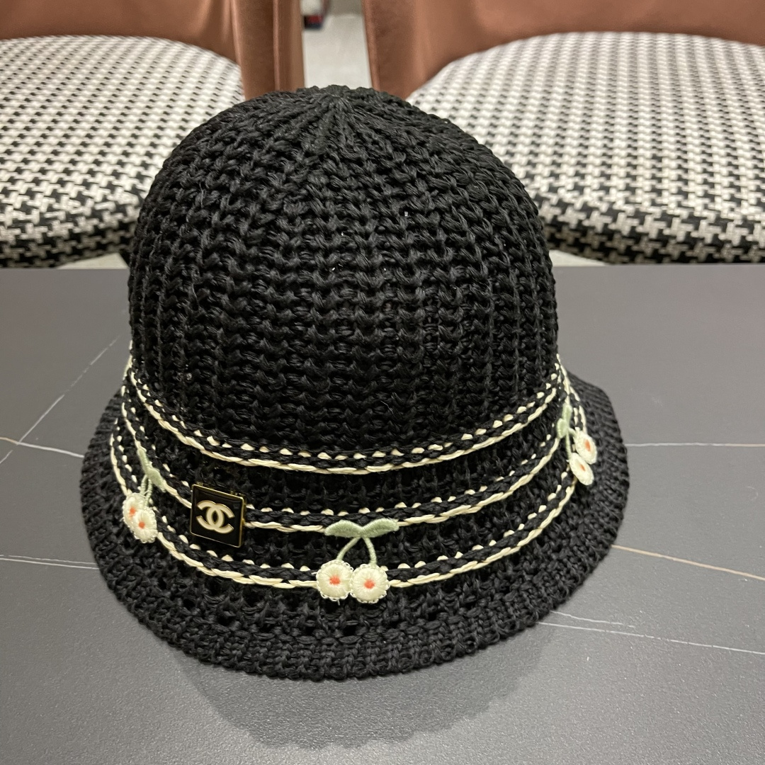  香奈儿2025手工编织镂空渔夫帽女夏季甜美可爱，假风遮阳防晒帽子透气盆帽