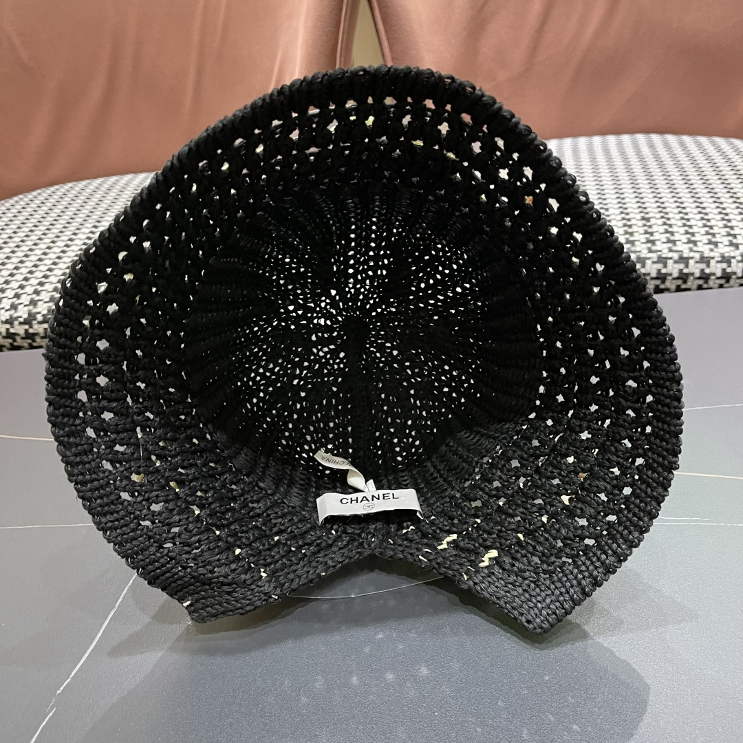  香奈儿2025手工编织镂空渔夫帽女夏季甜美可爱，假风遮阳防晒帽子透气盆帽