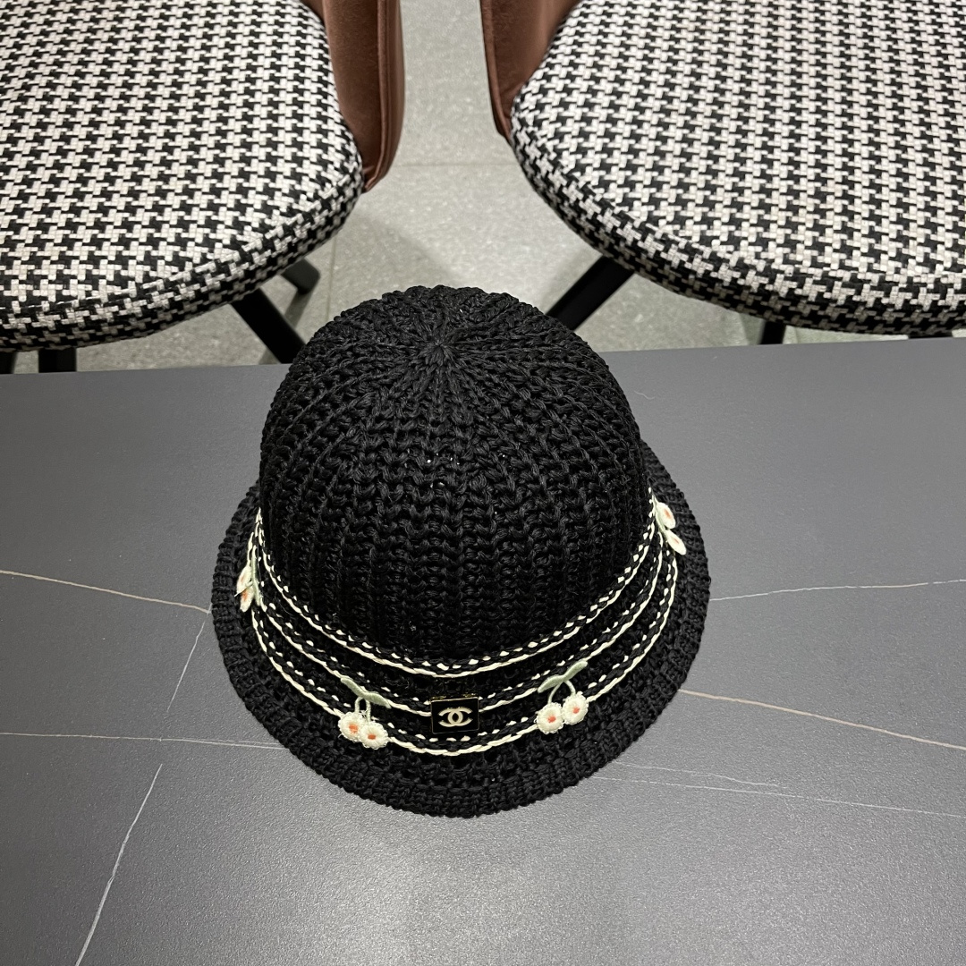  香奈儿2025手工编织镂空渔夫帽女夏季甜美可爱，假风遮阳防晒帽子透气盆帽