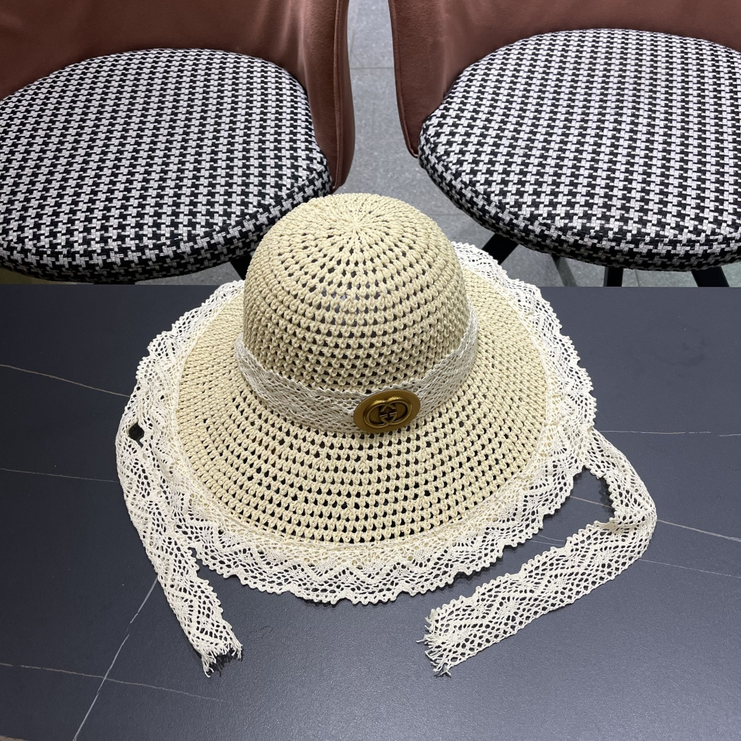  Gucci古奇新款2025新款田园风蕾丝绑系镂空遮阳草帽女夏海
边沙滩度假宽檐太阳帽