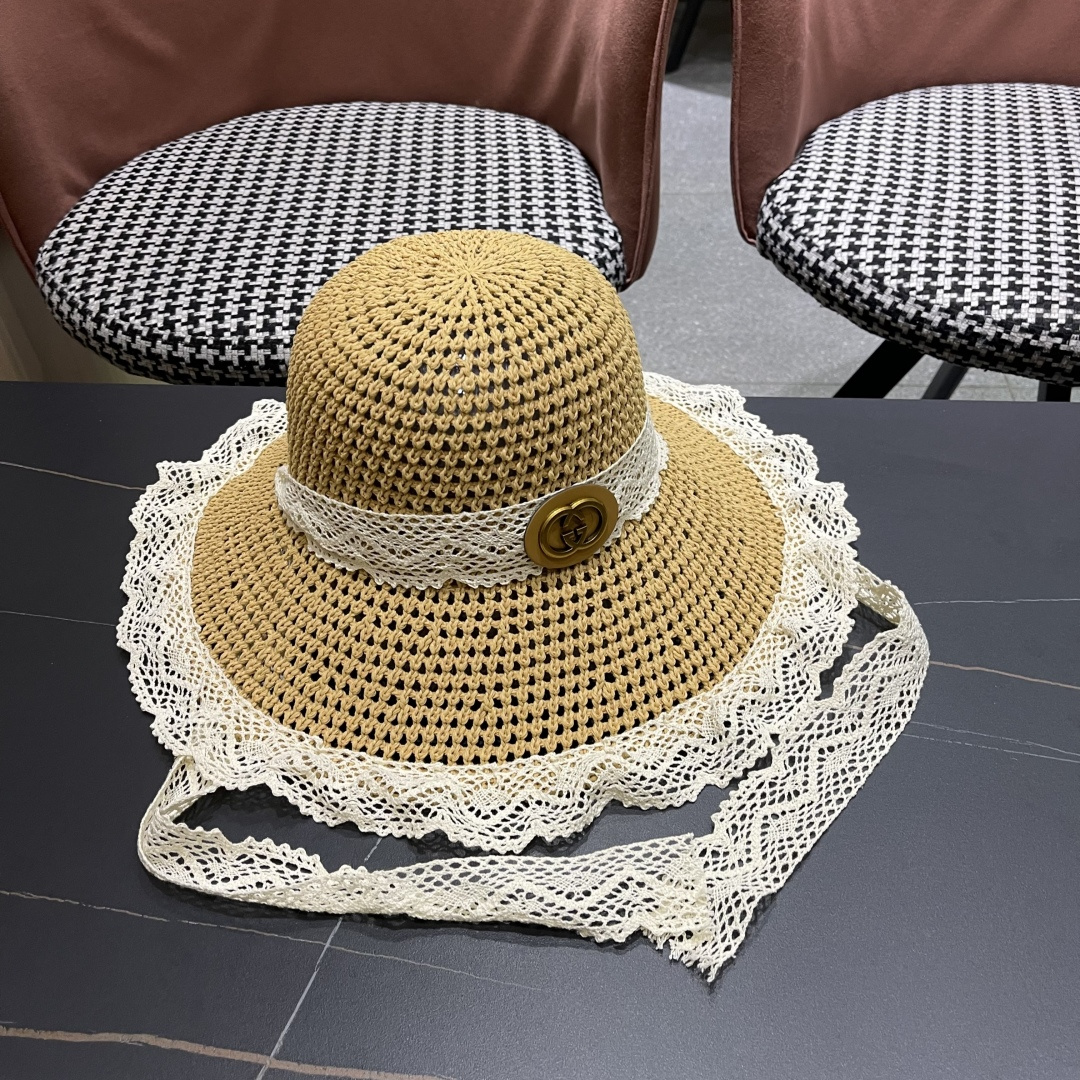  Gucci古奇新款2025新款田园风蕾丝绑系镂空遮阳草帽女夏海
边沙滩度假宽檐太阳帽