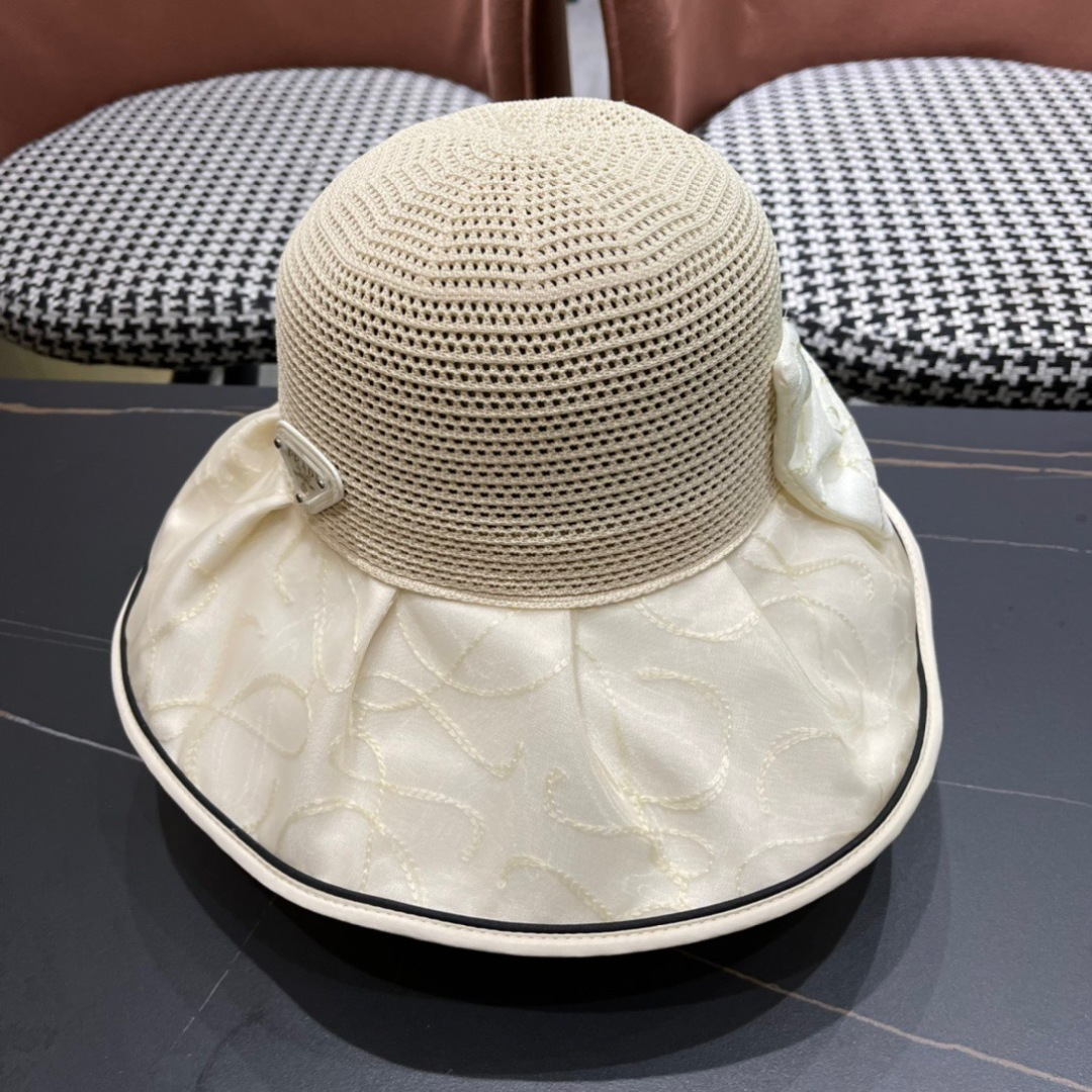  普拉达Prada2025流行新款韩版甜美可爱系带蝴蝶结渔夫帽子女遮阳防晒盆帽