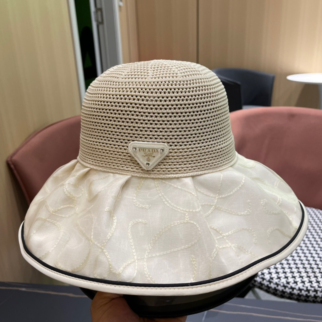  普拉达Prada2025流行新款韩版甜美可爱系带蝴蝶结渔夫帽子女遮阳防晒盆帽