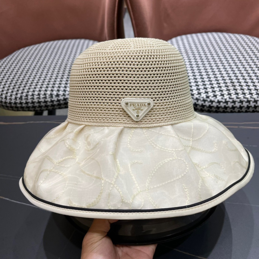  普拉达Prada2025流行新款韩版甜美可爱系带蝴蝶结渔夫帽子女遮阳防晒盆帽