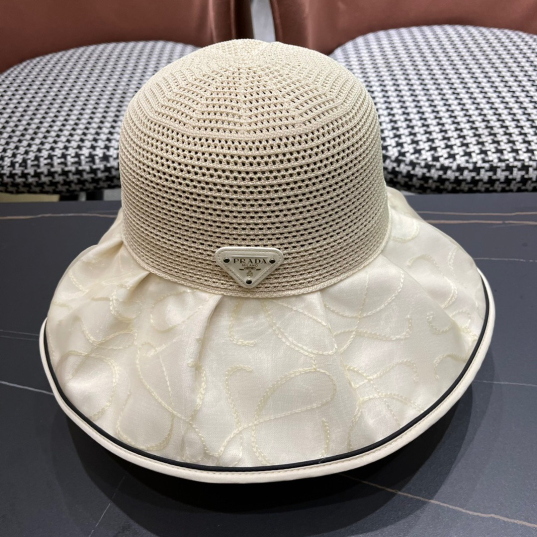  普拉达Prada2025流行新款韩版甜美可爱系带蝴蝶结渔夫帽子女遮阳防晒盆帽