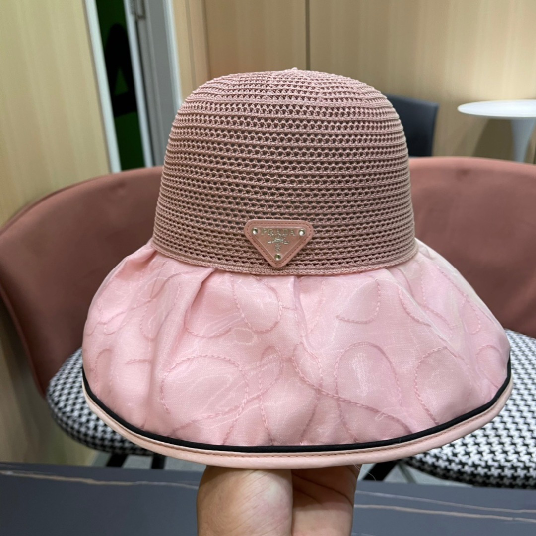  普拉达Prada2025流行新款韩版甜美可爱系带蝴蝶结渔夫帽子女遮阳防晒盆帽