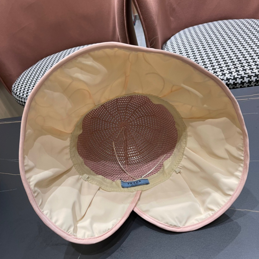  普拉达Prada2025流行新款韩版甜美可爱系带蝴蝶结渔夫帽子女遮阳防晒盆帽