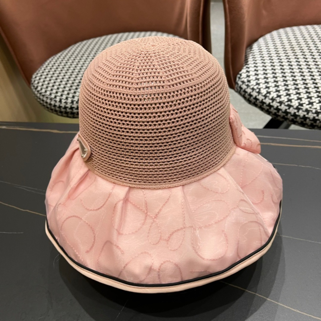  普拉达Prada2025流行新款韩版甜美可爱系带蝴蝶结渔夫帽子女遮阳防晒盆帽