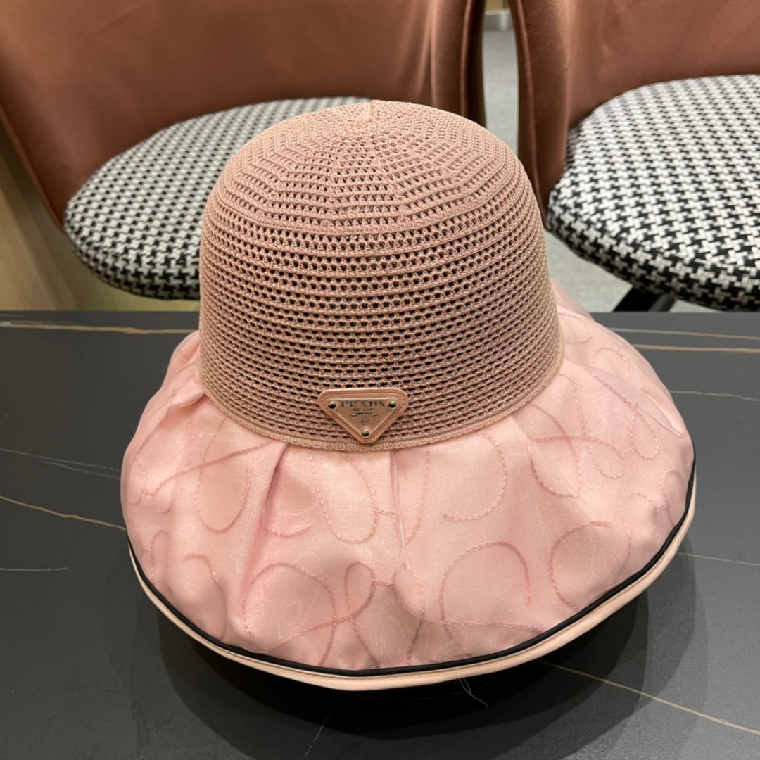  普拉达Prada2025流行新款韩版甜美可爱系带蝴蝶结渔夫帽子女遮阳防晒盆帽