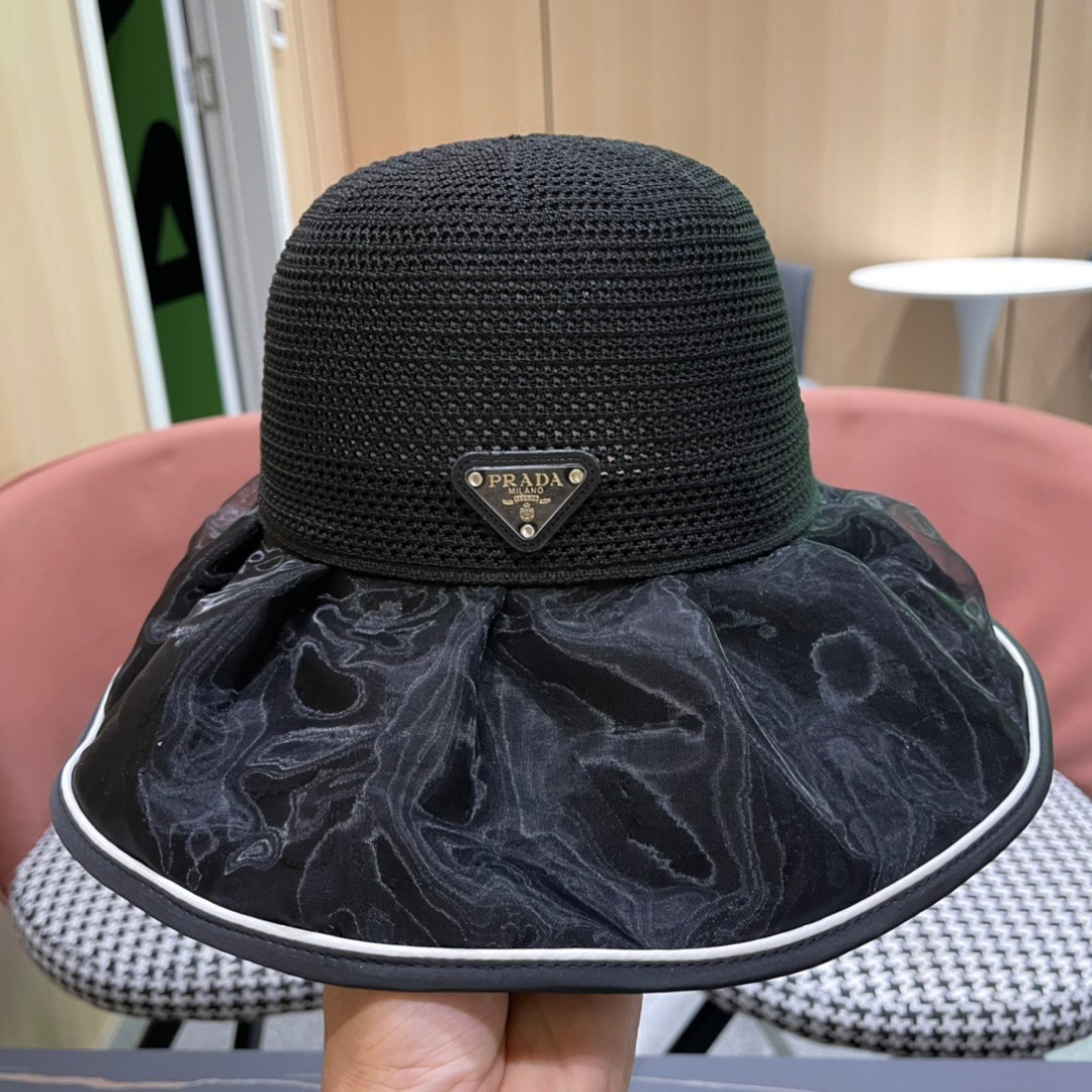 普拉达Prada2025流行新款韩版甜美可爱系带蝴蝶结渔夫帽子女遮阳防晒盆帽