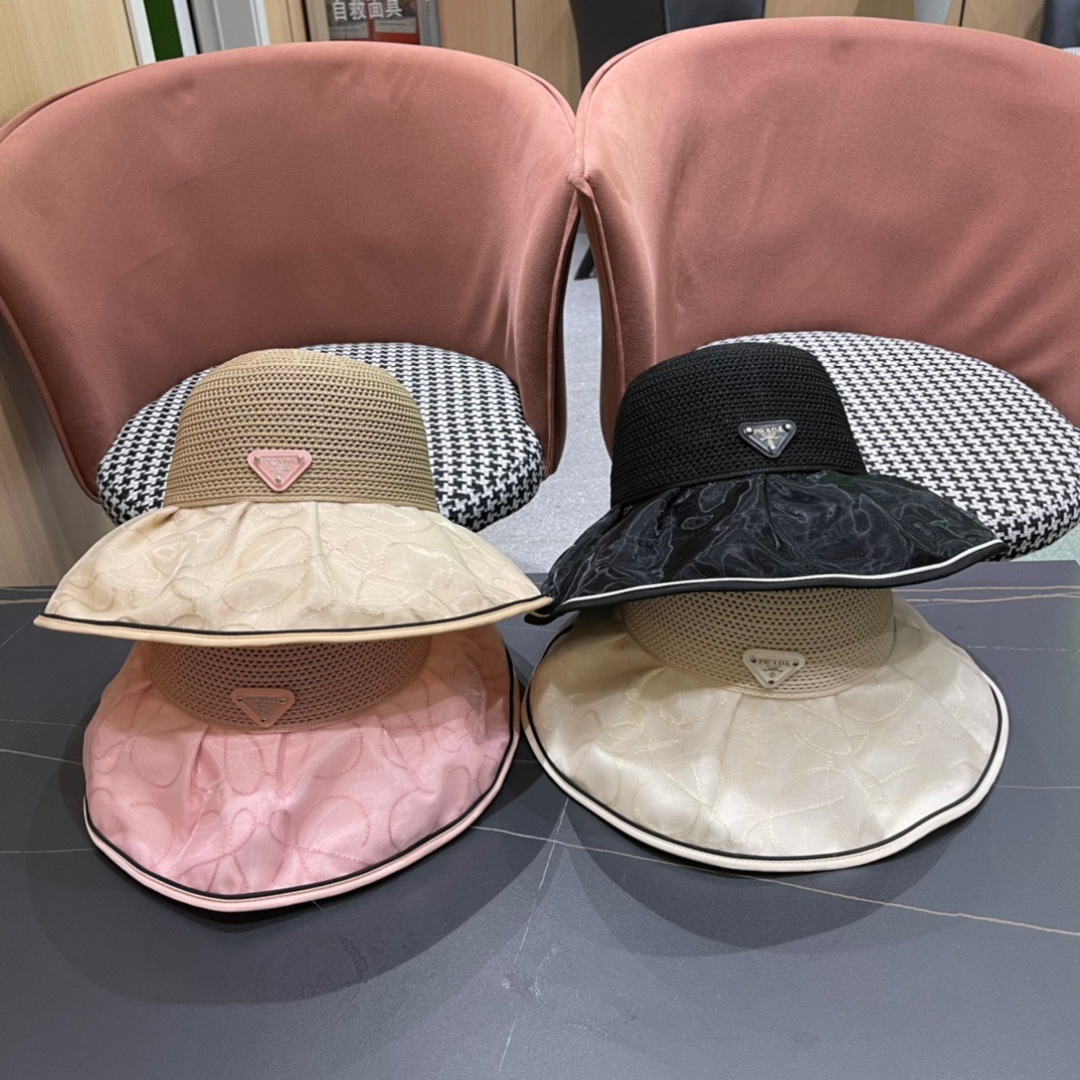  普拉达Prada2025流行新款韩版甜美可爱系带蝴蝶结渔夫帽子女遮阳防晒盆帽