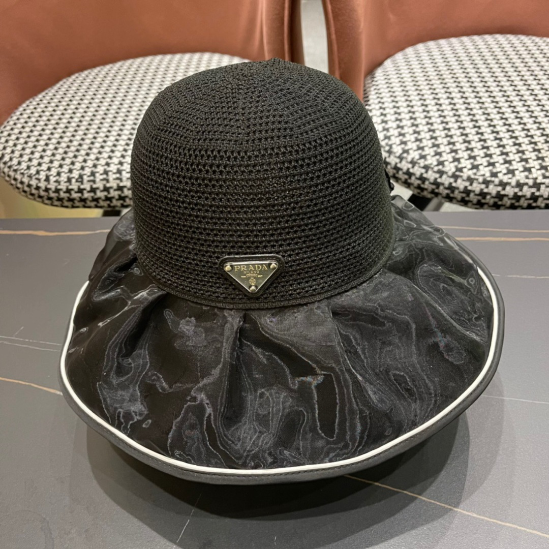  普拉达Prada2025流行新款韩版甜美可爱系带蝴蝶结渔夫帽子女遮阳防晒盆帽