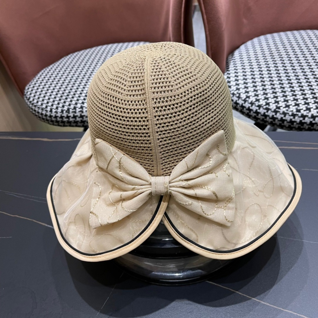  普拉达Prada2025流行新款韩版甜美可爱系带蝴蝶结渔夫帽子女遮阳防晒盆帽