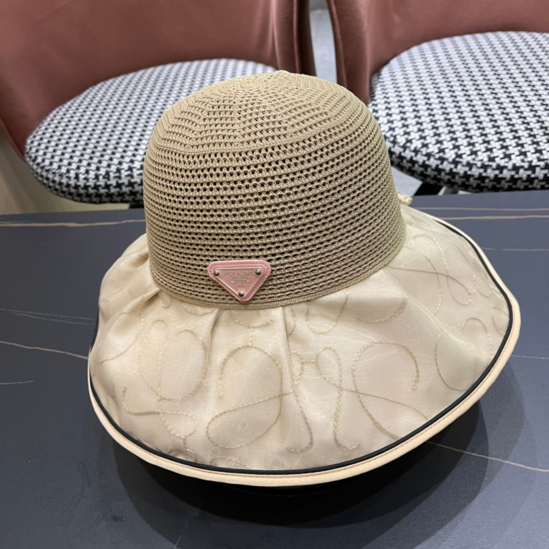  普拉达Prada2025流行新款韩版甜美可爱系带蝴蝶结渔夫帽子女遮阳防晒盆帽