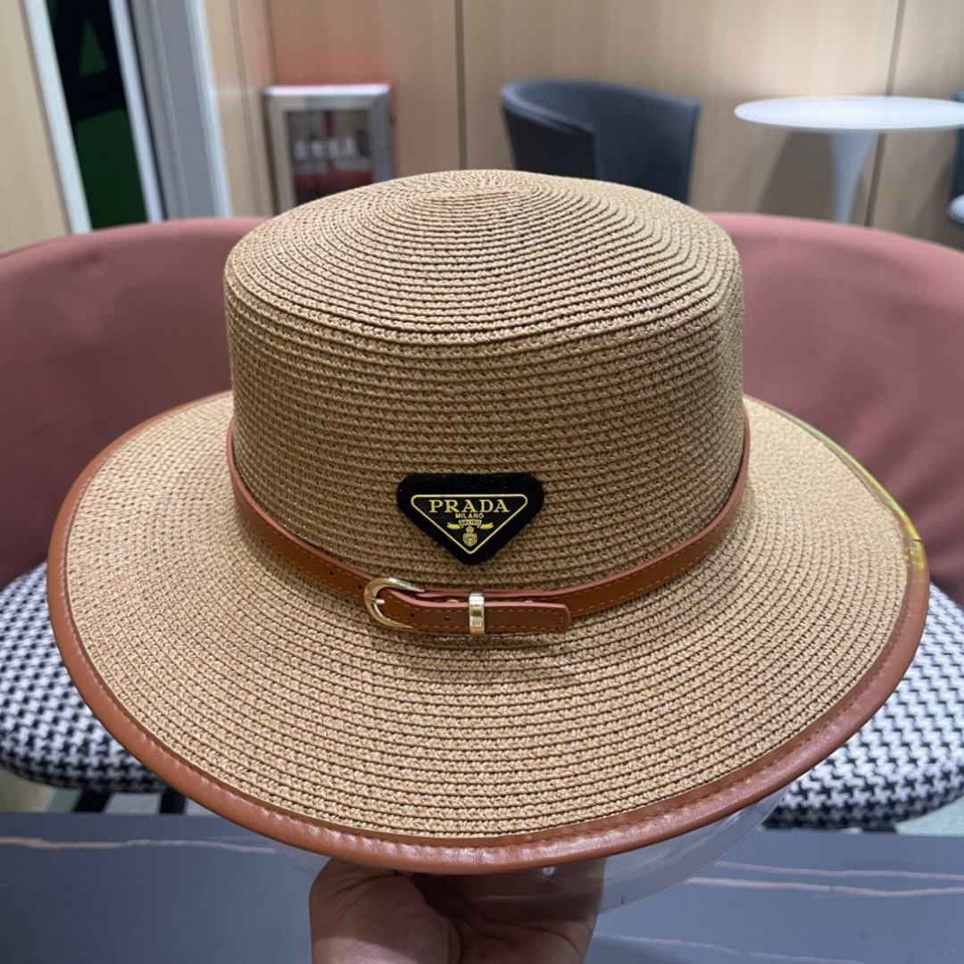 普拉达PRADA 2025新款平顶皮包边草帽、高级定制，库存多，头围57cm