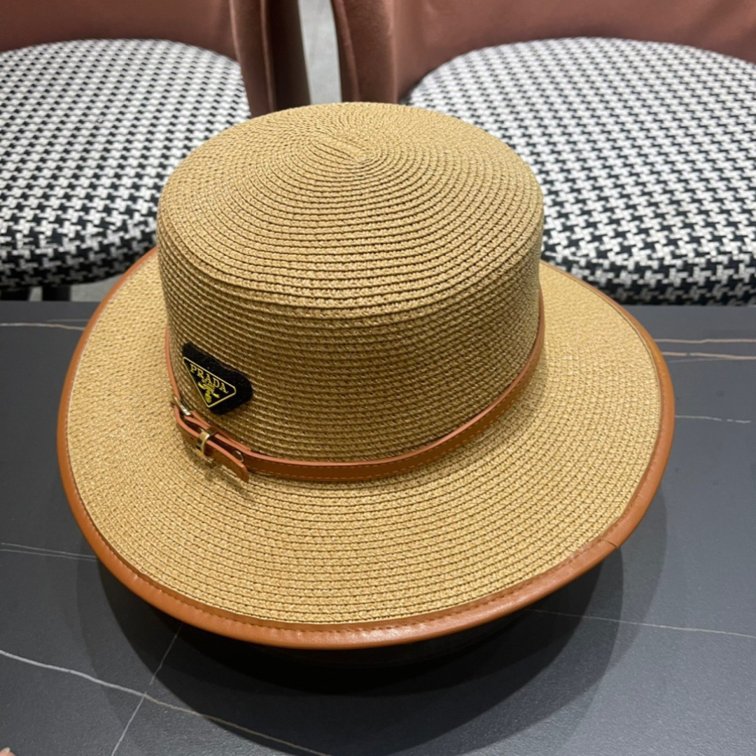 普拉达PRADA 2025新款平顶皮包边草帽、高级定制，库存多，头围57cm