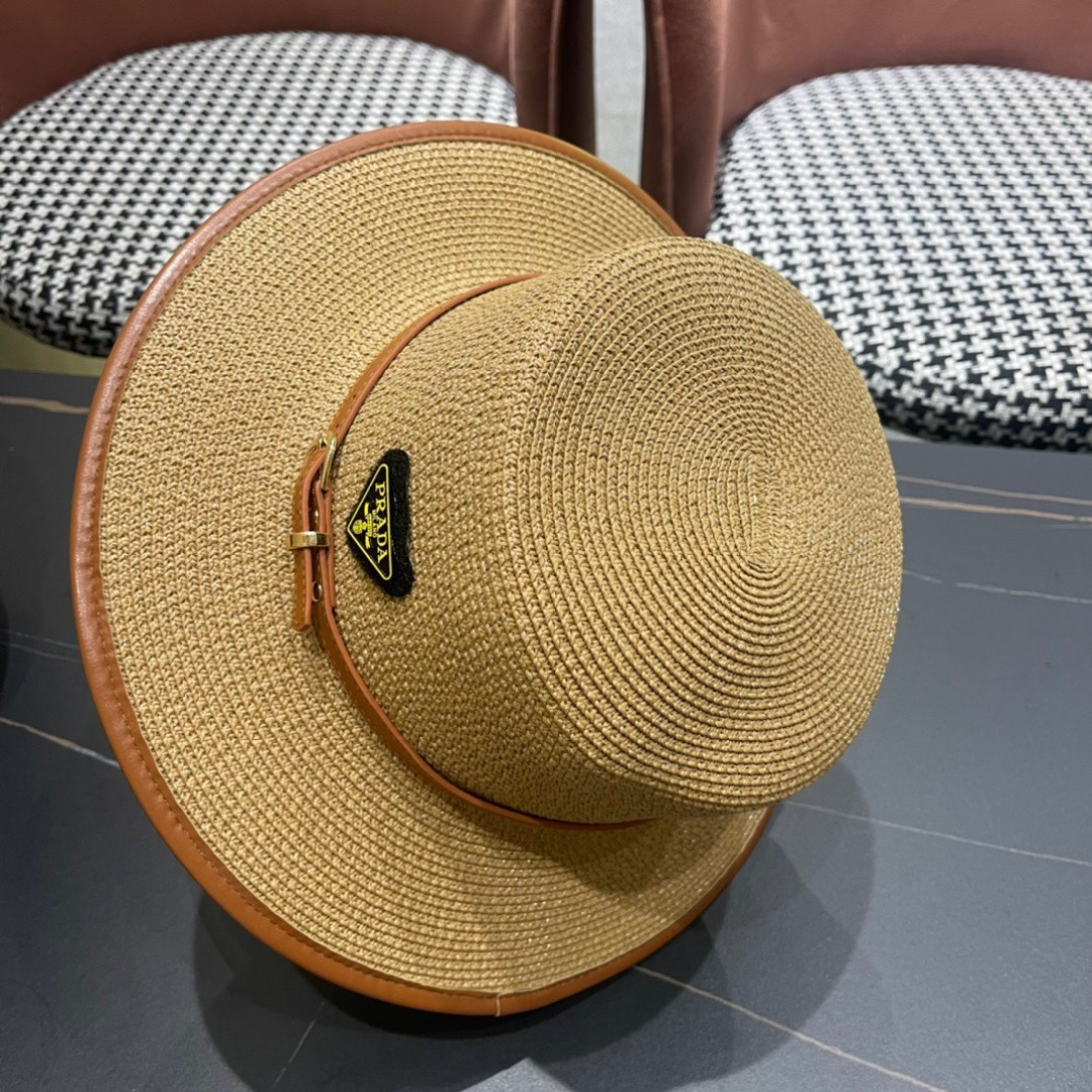普拉达PRADA 2025新款平顶皮包边草帽、高级定制，库存多，头围57cm