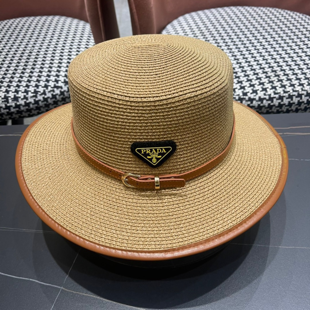 普拉达PRADA 2025新款平顶皮包边草帽、高级定制，库存多，头围57cm