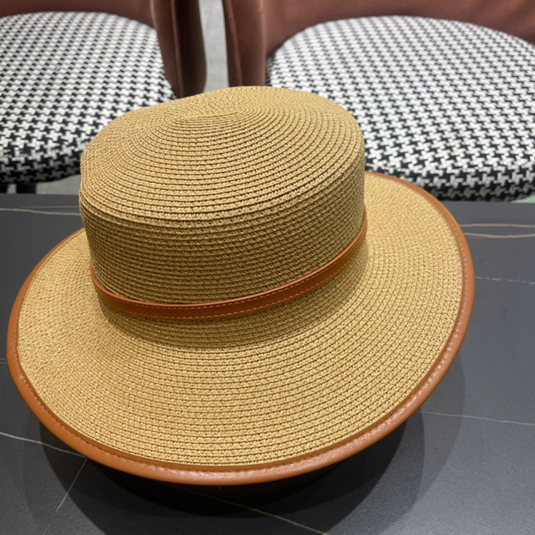 普拉达PRADA 2025新款平顶皮包边草帽、高级定制，库存多，头围57cm