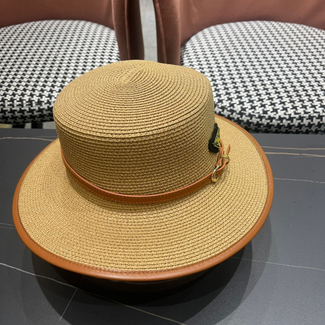 普拉达PRADA 2025新款平顶皮包边草帽、高级定制，库存多，头围57cm