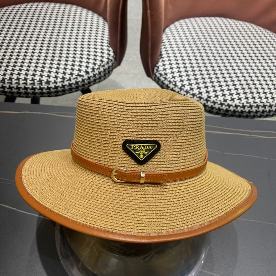 普拉达PRADA 2025新款平顶皮包边草帽、高级定制，库存多，头围57cm