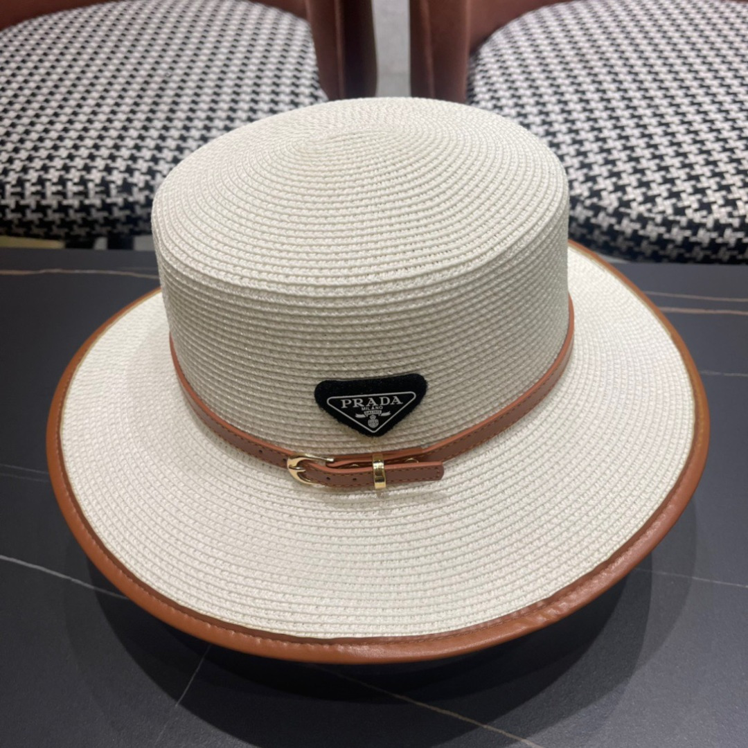 普拉达PRADA 2025新款平顶皮包边草帽、高级定制，库存多，头围57cm