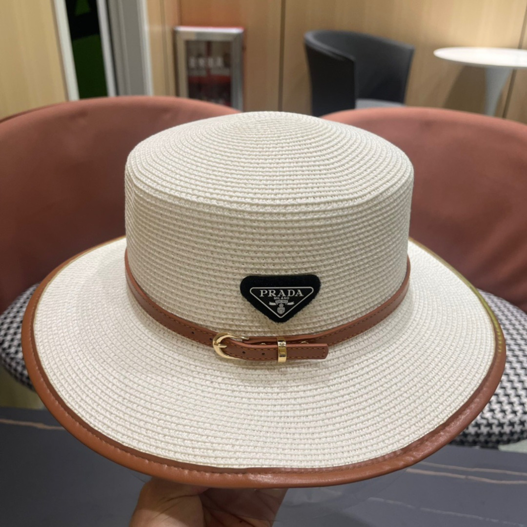 普拉达PRADA 2025新款平顶皮包边草帽、高级定制，库存多，头围57cm