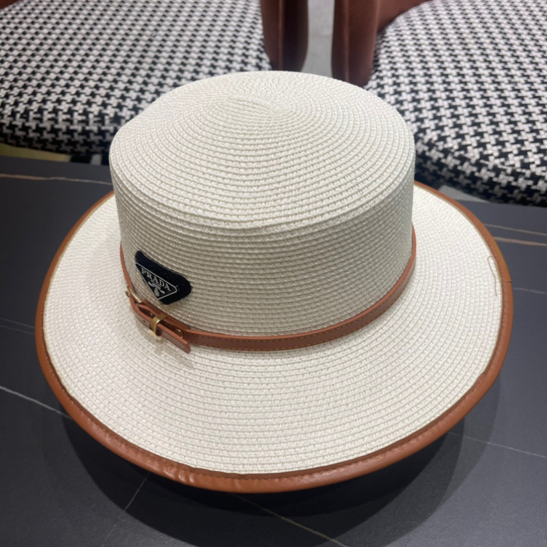 普拉达PRADA 2025新款平顶皮包边草帽、高级定制，库存多，头围57cm