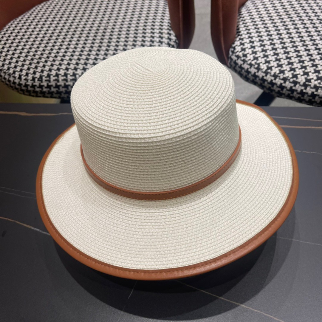 普拉达PRADA 2025新款平顶皮包边草帽、高级定制，库存多，头围57cm