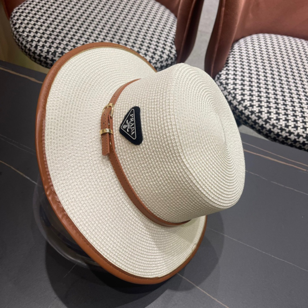 普拉达PRADA 2025新款平顶皮包边草帽、高级定制，库存多，头围57cm