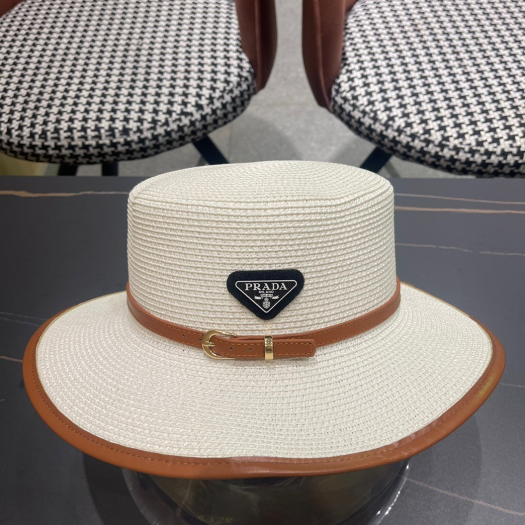 普拉达PRADA 2025新款平顶皮包边草帽、高级定制，库存多，头围57cm