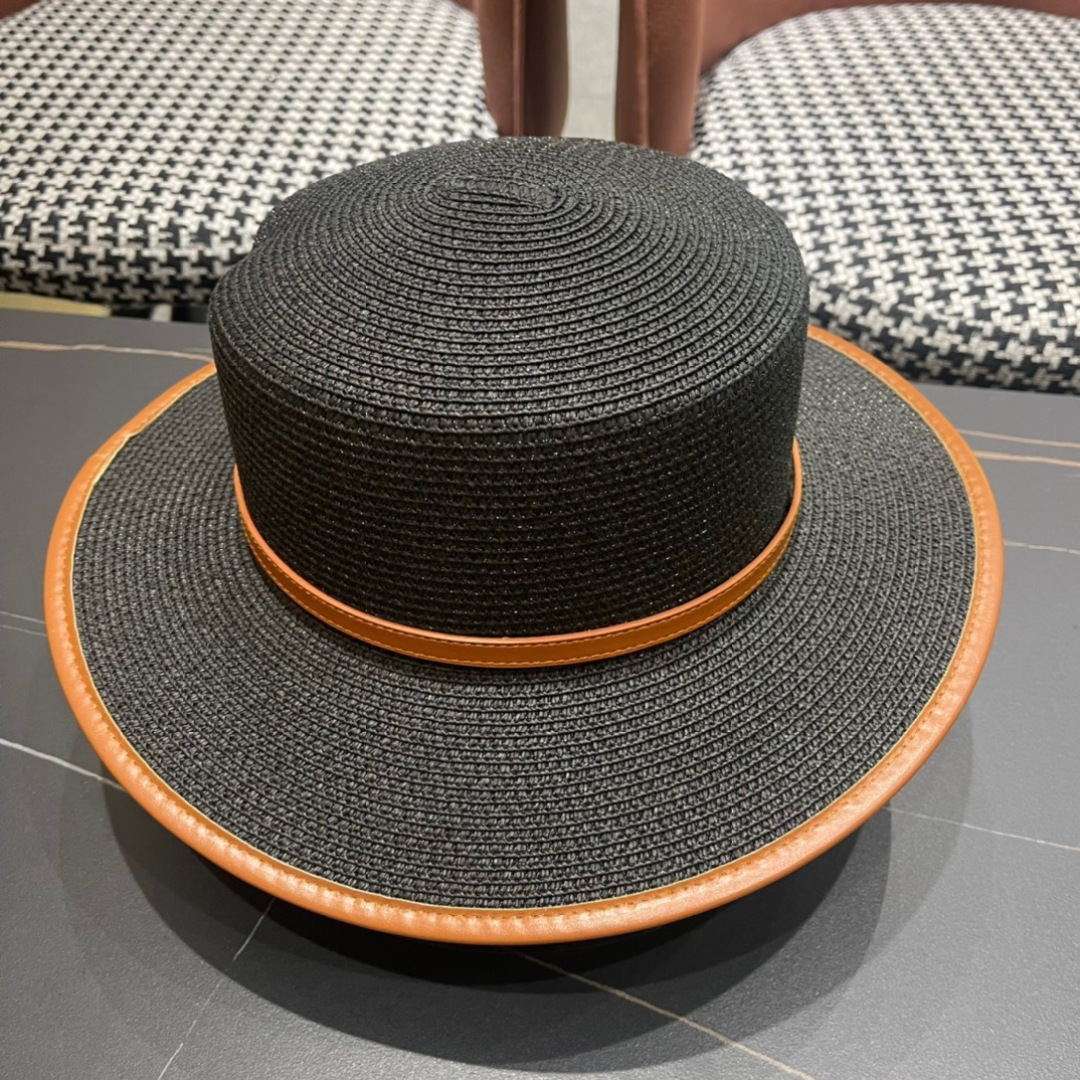 普拉达PRADA 2025新款平顶皮包边草帽、高级定制，库存多，头围57cm