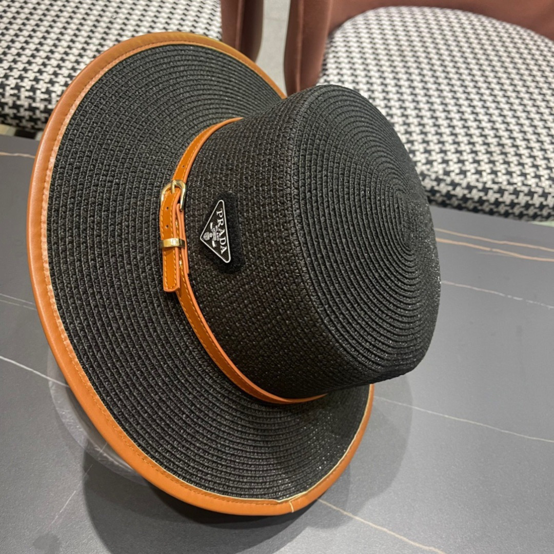 普拉达PRADA 2025新款平顶皮包边草帽、高级定制，库存多，头围57cm