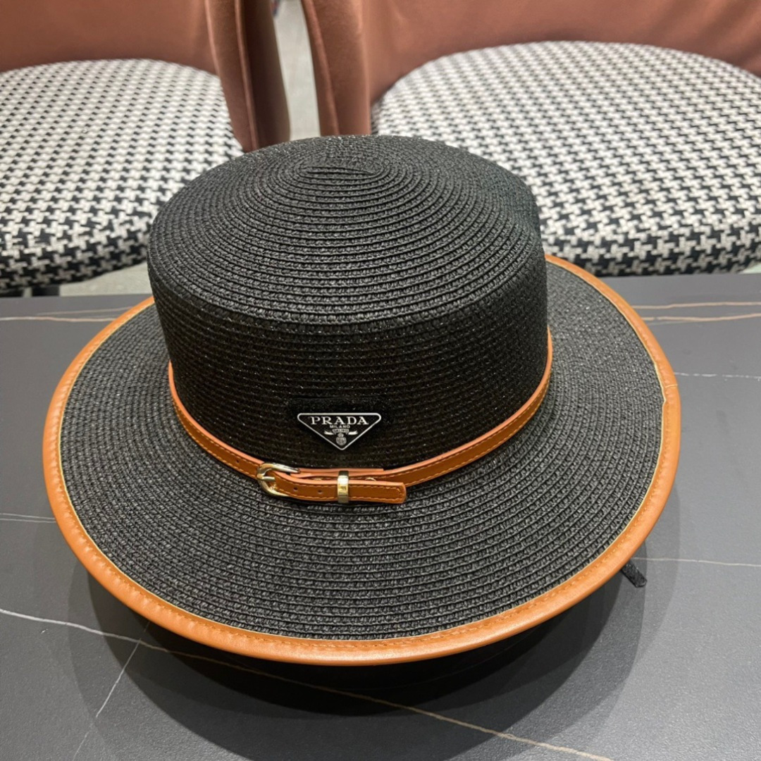 普拉达PRADA 2025新款平顶皮包边草帽、高级定制，库存多，头围57cm