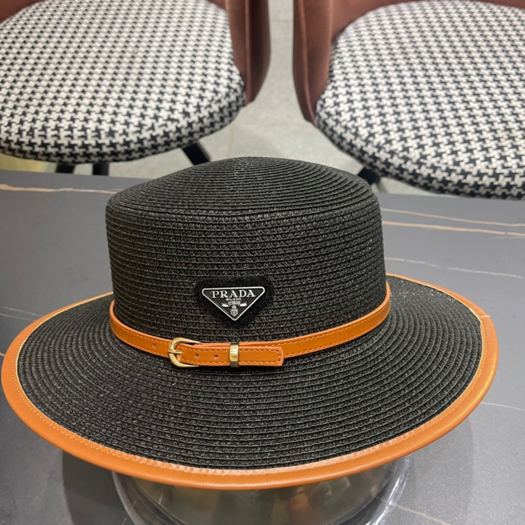 普拉达PRADA 2025新款平顶皮包边草帽、高级定制，库存多，头围57cm