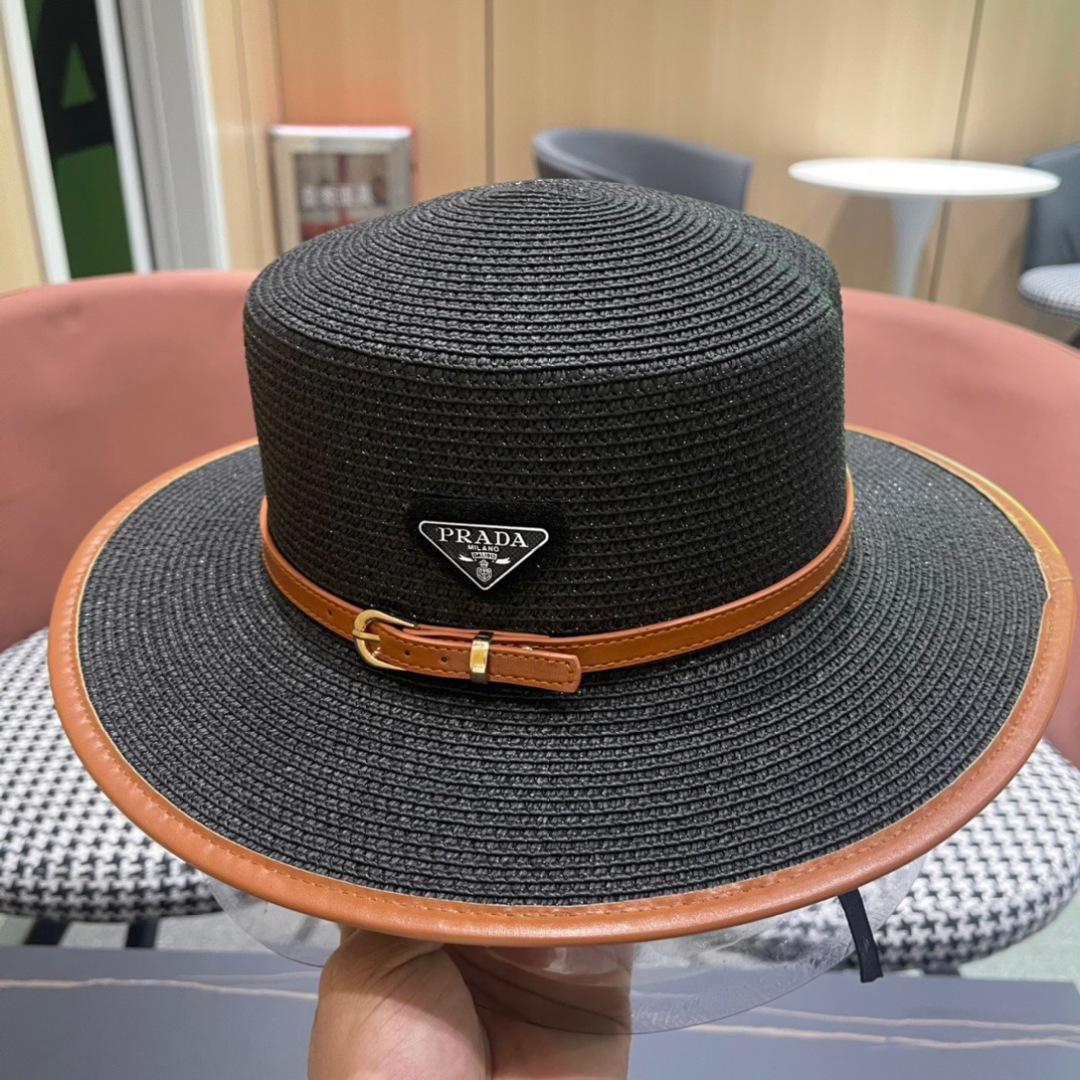 普拉达PRADA 2025新款平顶皮包边草帽、高级定制，库存多，头围57cm