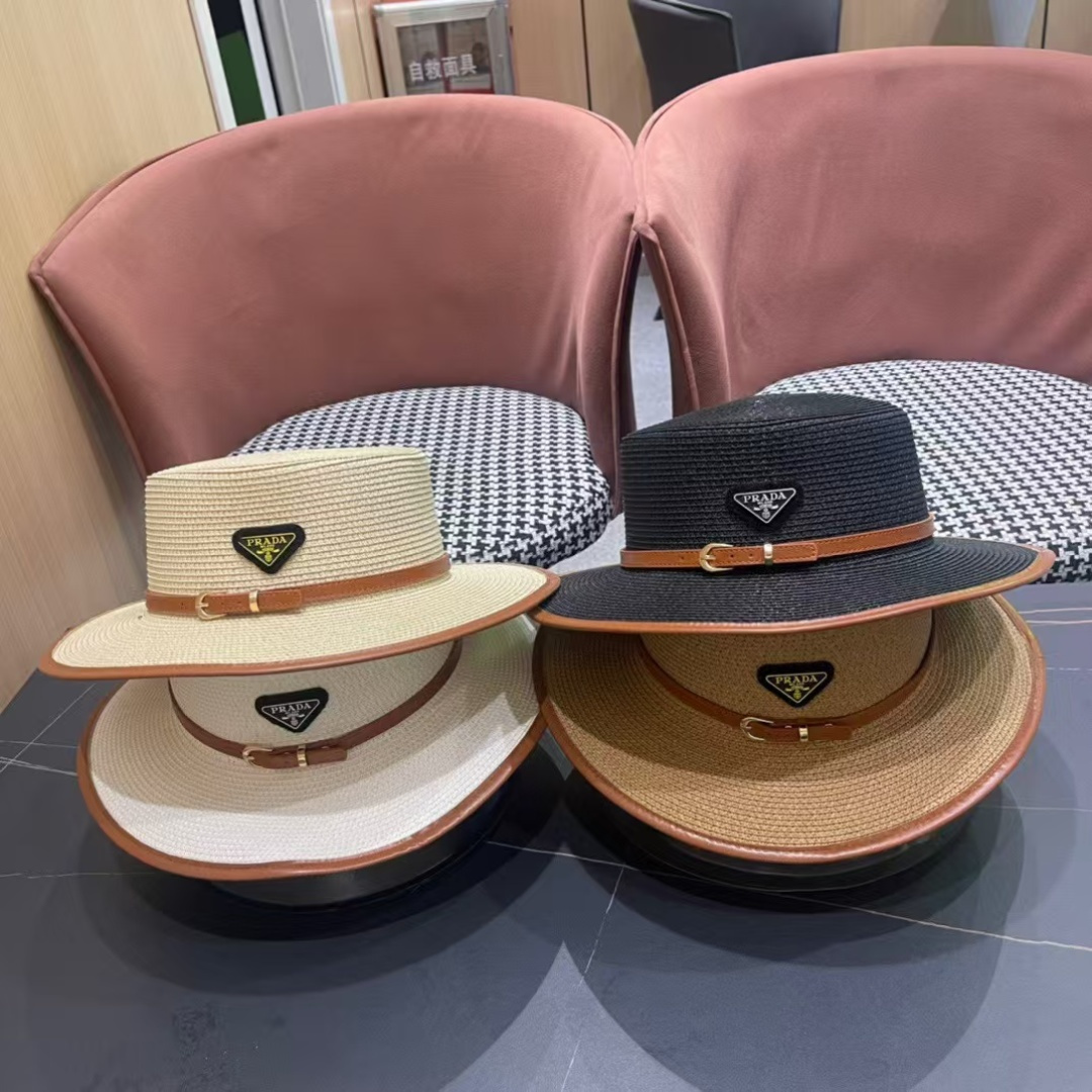 普拉达PRADA 2025新款平顶皮包边草帽、高级定制，库存多，头围57cm
