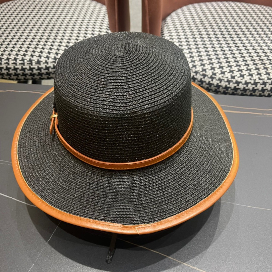 普拉达PRADA 2025新款平顶皮包边草帽、高级定制，库存多，头围57cm