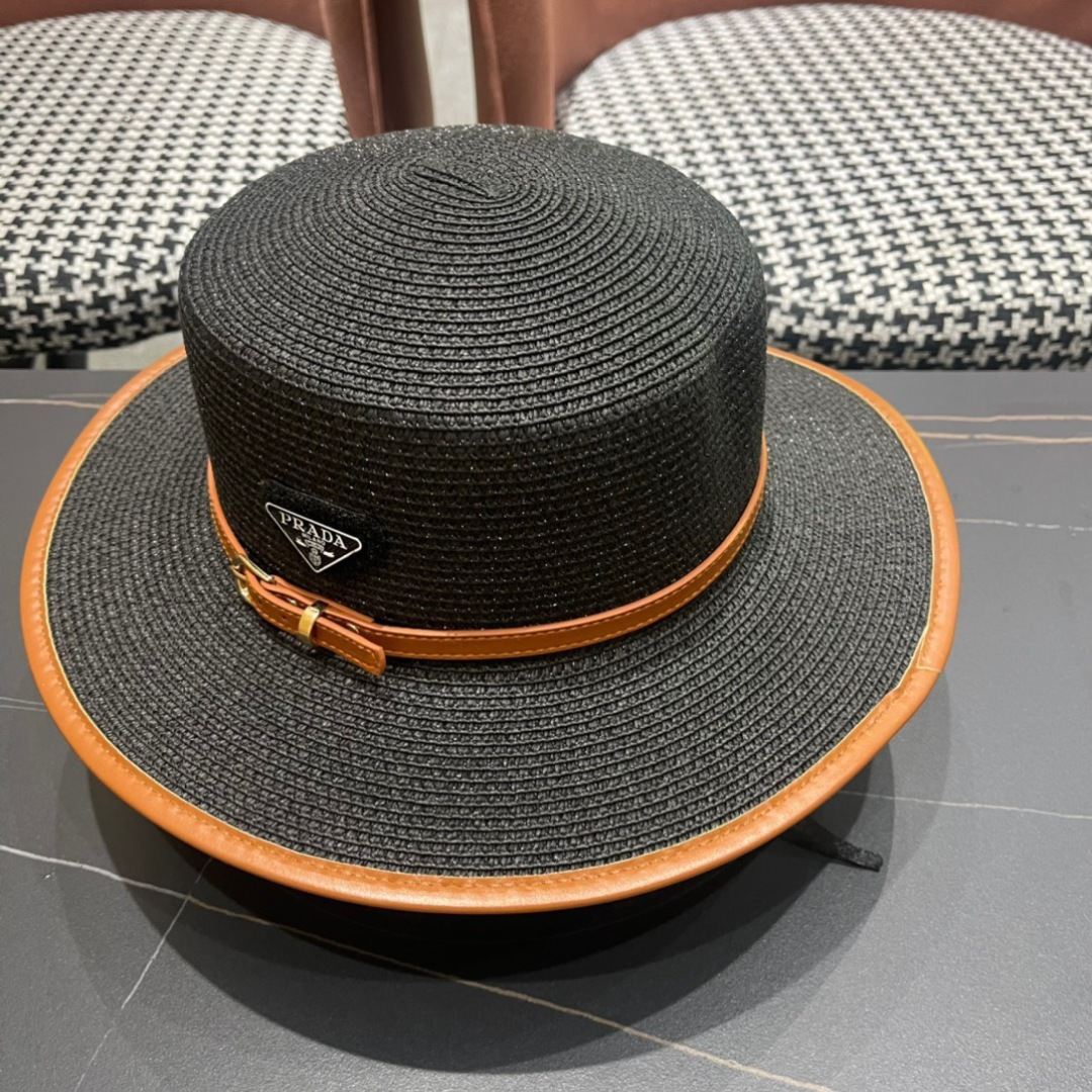 普拉达PRADA 2025新款平顶皮包边草帽、高级定制，库存多，头围57cm