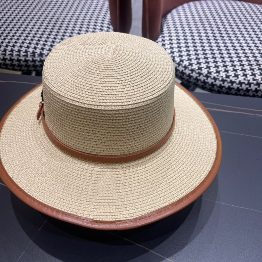 普拉达PRADA 2025新款平顶皮包边草帽、高级定制，库存多，头围57cm