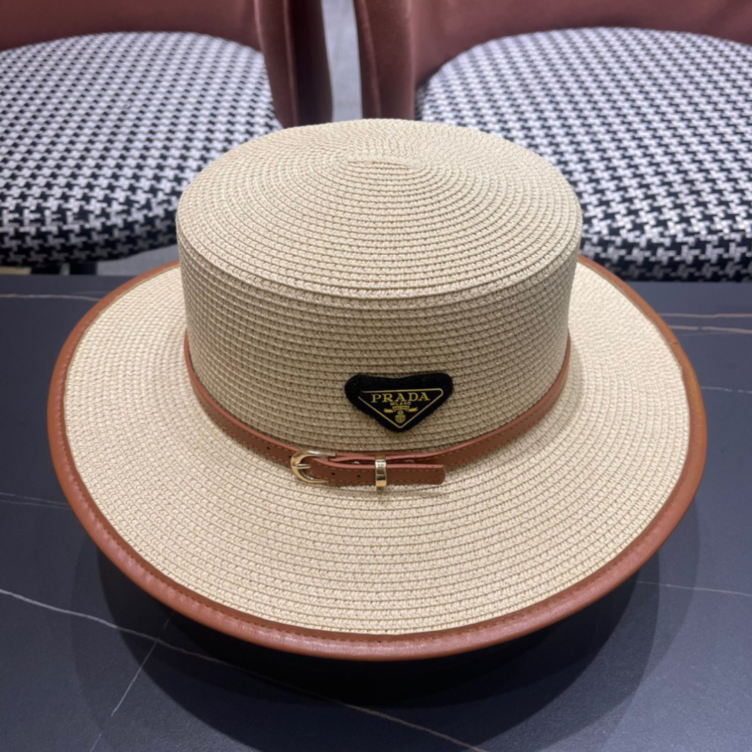 普拉达PRADA 2025新款平顶皮包边草帽、高级定制，库存多，头围57cm