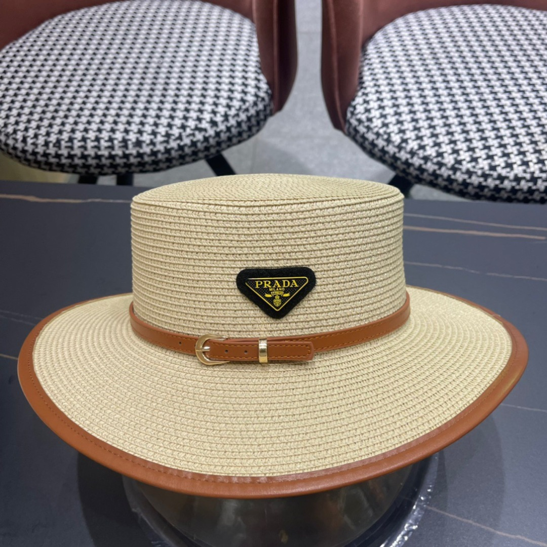 普拉达PRADA 2025新款平顶皮包边草帽、高级定制，库存多，头围57cm