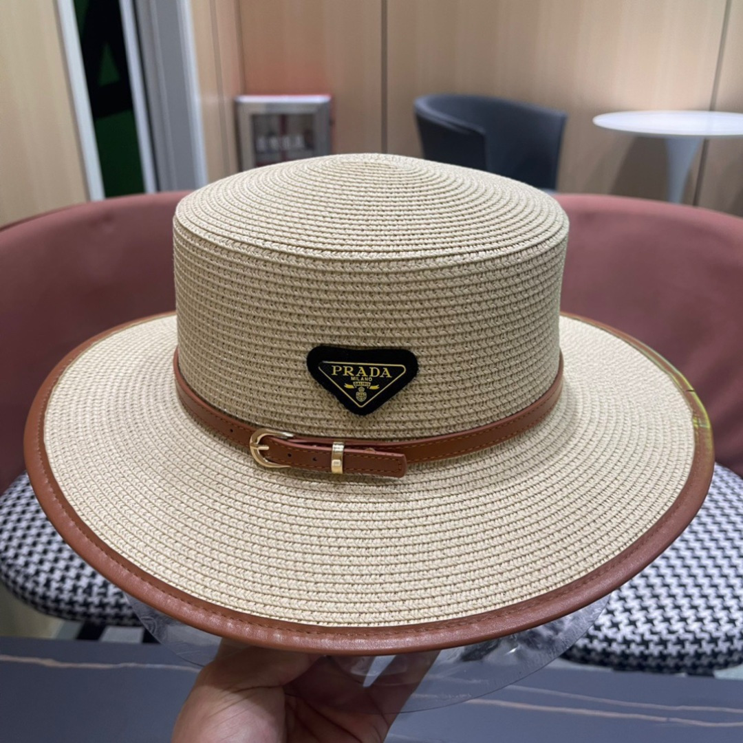普拉达PRADA 2025新款平顶皮包边草帽、高级定制，库存多，头围57cm