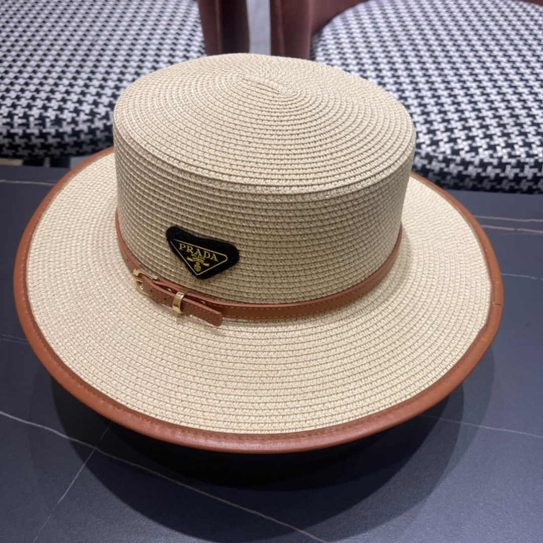 普拉达PRADA 2025新款平顶皮包边草帽、高级定制，库存多，头围57cm