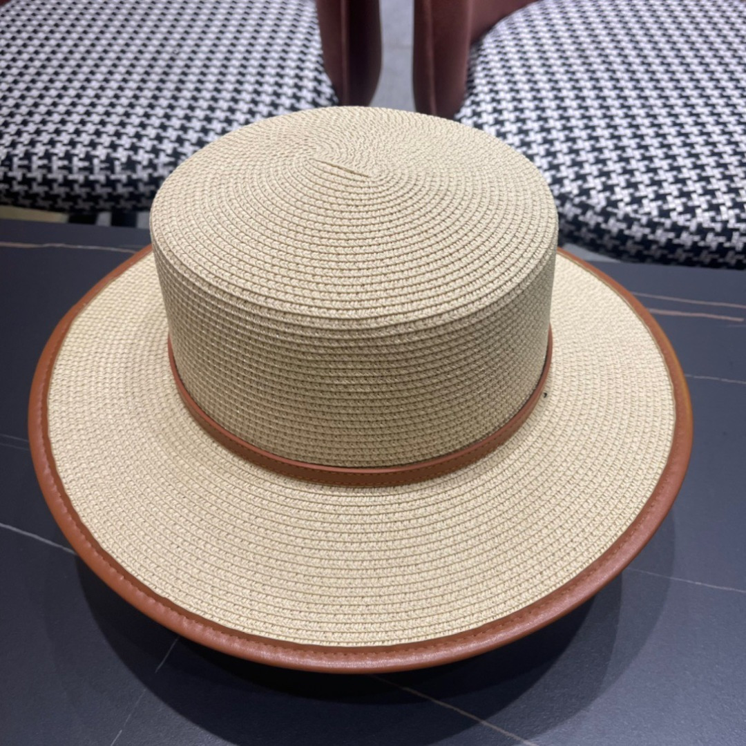 普拉达PRADA 2025新款平顶皮包边草帽、高级定制，库存多，头围57cm
