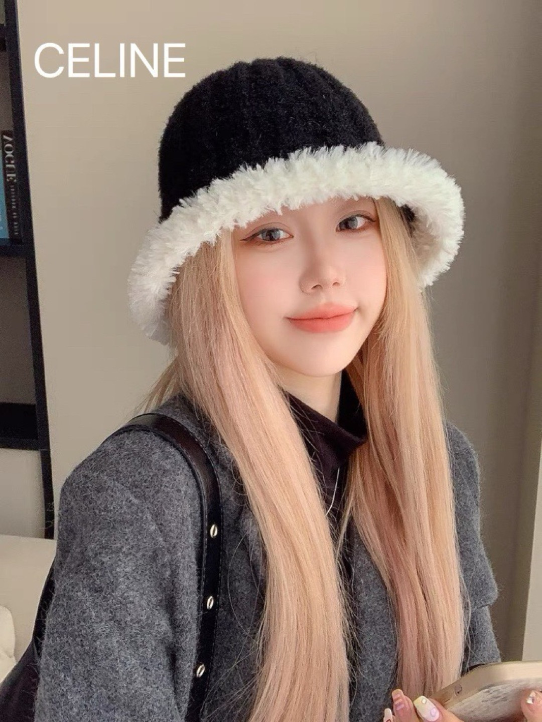 【CELINE赛琳】毛绒渔夫帽新款秋冬百搭显脸小盆帽冬季素颜针织水桶帽