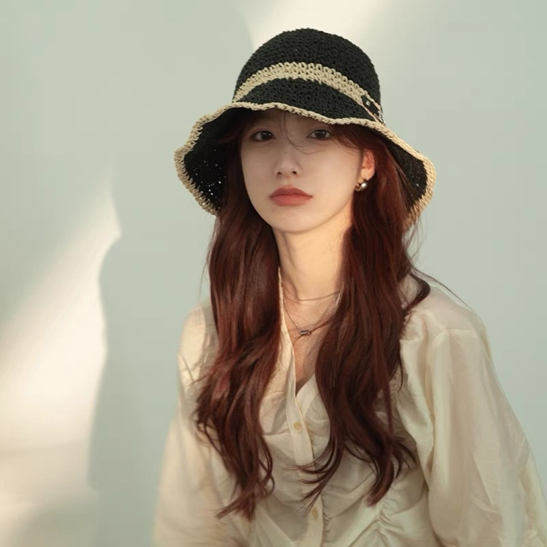 路易威登日系波浪边水钻渔夫帽手工钩针草帽女夏季防
晒镂空透气遮阳